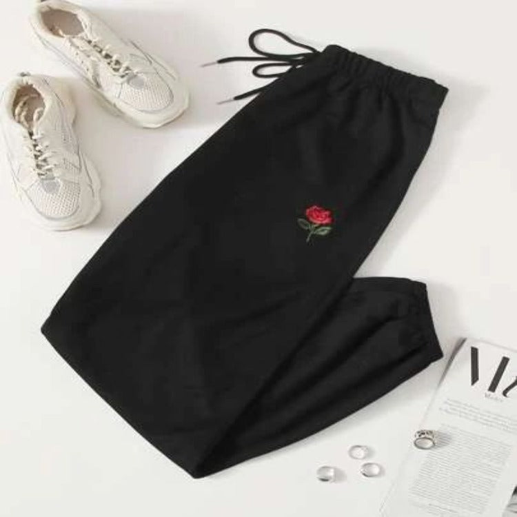 Beautiful Rose Printed Black Sweatpants 2021